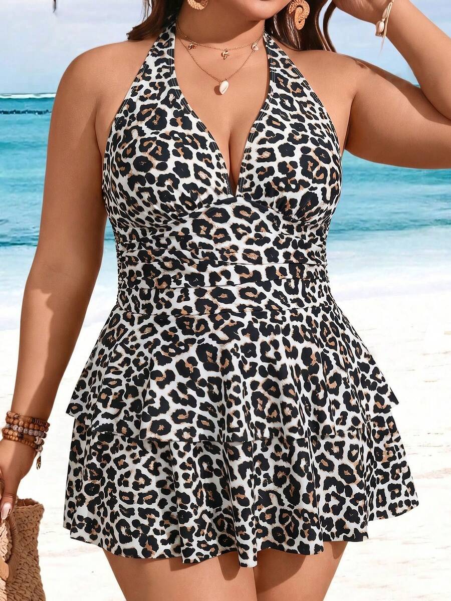 Swim Lushoire Traje de baño de 2 piezas de estilo vacacional con cuello en V, plisado y volantes en el bajo, de unicolor, para mujer de talla grande - Multicolor - Ver 1