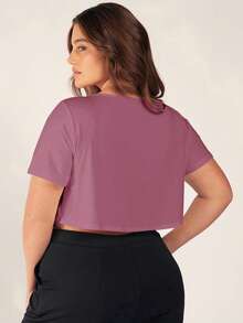 SHEIN BASICS Plus Size Women V-Neck Solid Color Casual Versatile Daily T-Shirt Stay At Home Dusty Pink Summer Tops - Pink - View 3