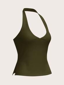 SHEIN BASICS Casual Solid Color Knit Halter Neck Top For Women - Army Green - View 8