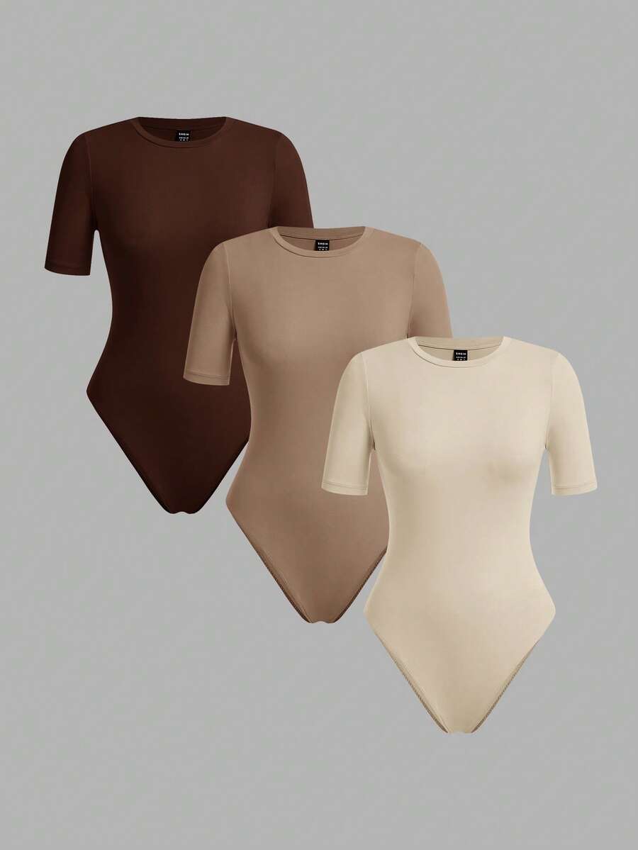 SHEIN BASICS 3件套休闲纯色针织圆领短袖连体衣(女款) - 彩色 - 查看 1