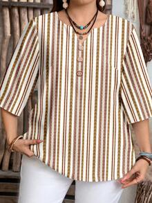 EMERY ROSE Plus Size Women Casual Striped Short Sleeve Shirt, Suitable For Summer - Multicolor - View 4