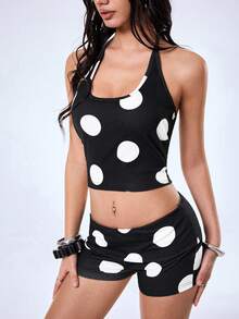Y2Kool Vecteezy Set di top corto e pantaloncini a pois con colori a contrasto in stile Y2K, abbigliamento casual da strada adatto per donna, ideale per feste, vacanze, spiaggia, festival musicali e uso quotidiano in primavera/estate - Bianco e nero - Visualizzare 5