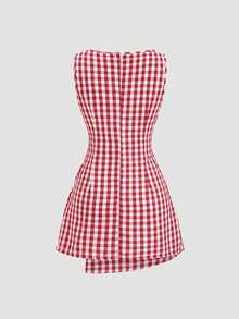 Sweetra Đầm mini kiểu retro kẻ caro đỏ cổ tròn, không tay, buộc dây, ôm sát, phong cách nữ tính ngọt ngào tinh tế, mẫu mới mùa hè. - Màu Đỏ Sâu - Xem 2
