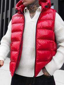 Artur Kramer Men's Simple Solid Color Zip-Up Hooded Padded Vest, Autumn/Winter Puffer Vest Red Clothes Red Puffer Vest Vests Red Vest - Red - View 6