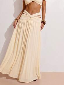SHEIN BAE Chân váy maxi nữ kiểu dáng bất đối xứng, trang trí kim loại, thích hợp cho kỳ nghỉ thường ngày, ngày Valentine, lễ hội âm nhạc, tụ họp bạn bè, màu đỏ nâu, đi biển. - Màu be - Xem 3