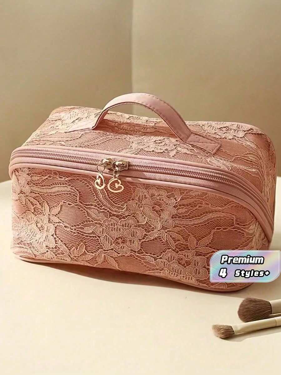 大容量化妆品及洗漱用品收纳包 - 优雅蕾丝拉链化妆包,宽敞旅行化妆包,男女通用,化妆间装饰,化妆包,旅行必备 - 彩色 - 查看 1