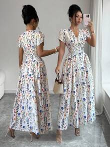 Franclia Đầm nữ thanh lịch in hoa, cổ chữ V, tay bồng, thích hợp cho kỳ nghỉ. - Nhiều màu - Xem 2