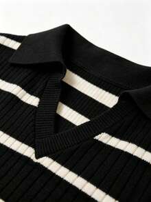 EMERY ROSE Plus Size Women Casual Elegant Turndown Collar Sleeveless Striped Fitted Blouse - Black - View 5