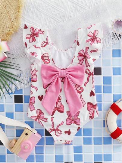 Emery Rose Kids Emery Rose Kids Babygirl Fitted Casual Minimalist Comfortable Round Neck Backside Bow Decor Swimsuit