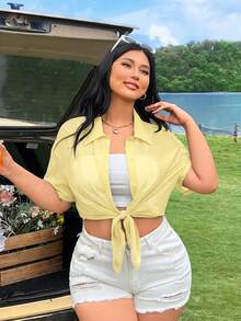 SHEIN EZwear 大码女式透视短袖上衣 - 黃色 - 查看 8