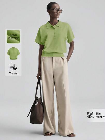 Ontre Women's Sage Green Knit Polo Shirt,100% Viscose Breathable Top For Summer,Business Casual Office Wear,V-Neck Dropped Shoulders Short Sleeve Blouse