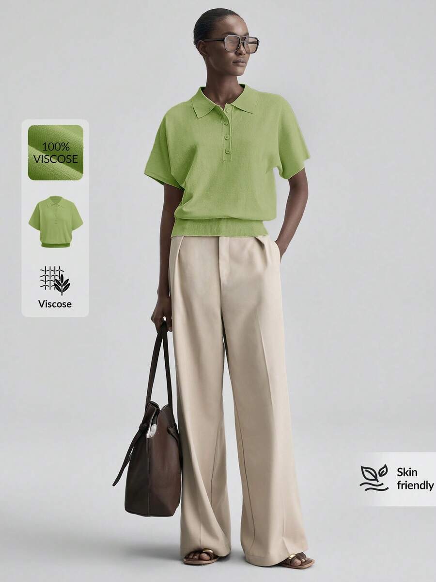 Ontre 女款鼠尾草綠針織 Polo 衫,100% 黏膠纖維透氣上衣,適合夏季商務休閒辦公穿著,V 領落肩短袖襯衫 - 綠色 - 查看 1