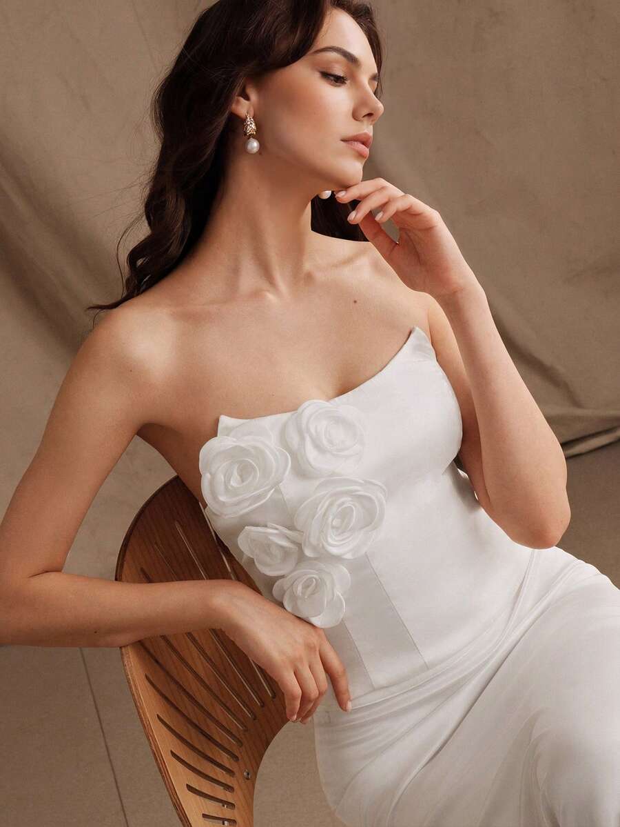 Anewsta Women's Waist Cinching Fitted Floral Decor Tube Top, Summer Graduation Guest White Elegant - White - View 1