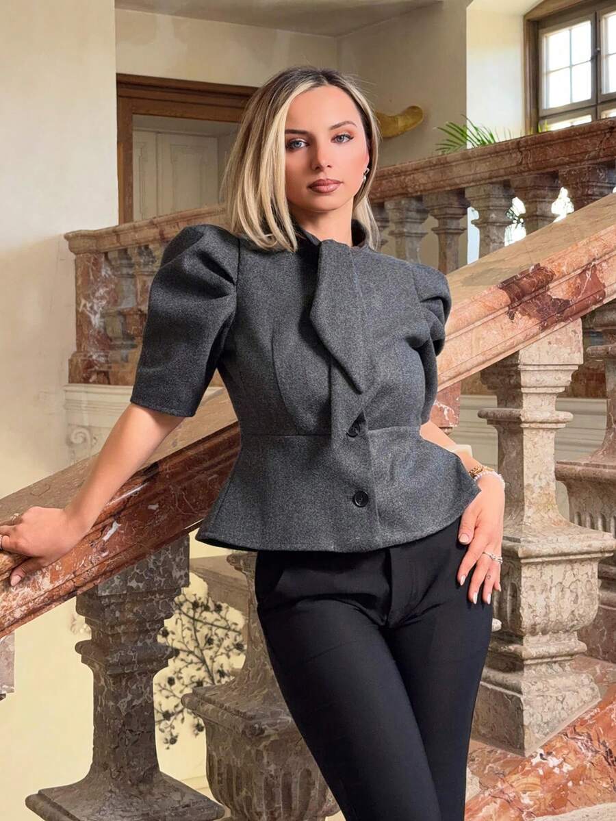 Jeta Ari Women's Grey Short Puff Sleeve Single-Breasted Bow Collar Fashion Coat Fall Women Winter Blazer For Women Dark Gray Coat With Wide Shoulders And Scarf, Short Style, Elegant Autumn And Winter Coat Fall Fall For Women All Women Fall For Women Fall Autumn Women's Fall Winter For Women Winter For Women For Women Winter Jacket Women Homecoming School Teacher For Women's Coat Chic Autumn