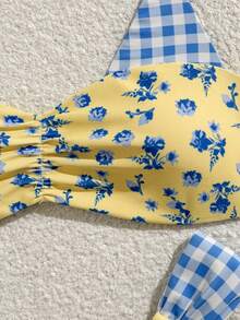 Swim Mod 新款春夏无肩带露脐上衣和高腰格子碎花两件式比基尼套装，可爱女孩海滩度假装 - 彩色 - 查看 5