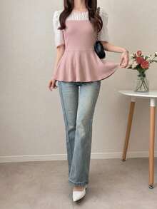 FRIFUL Women's Contrast Color Patchwork Sheer Lace Slim Fit Casual T-Shirt, Suitable For Spring And Summer - Pink - View 3