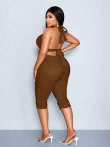 SOLERSUN Women's Plus-Size Chocolate Brown 2 Pcs Halter Top And Six-Inch Pants,Summer Night Out Club Vacation Holiday Beach Knitted Scoop-Neck Clothing - Brown - View 2
