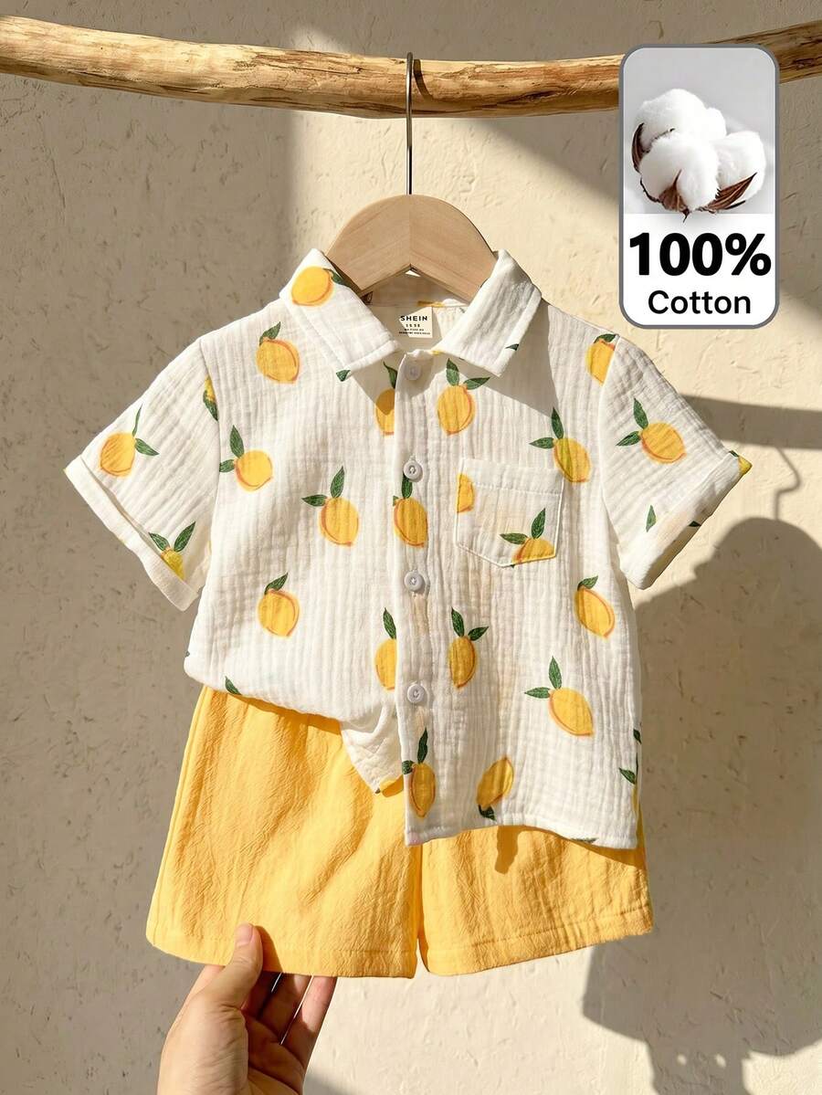 LMoss Kids Baby Boy Cute Lemon Print Shirt And Yellow Elastic Waist Shorts Set, Suitable For Spring/Summer, Vacation, Casual Fashion - Multicolor - View 1