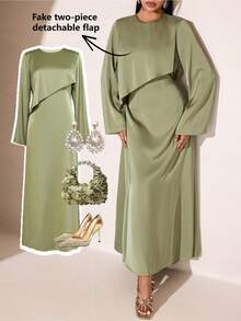 Veilorie Women's Solid Color Round Neck Long Sleeve Elegant Dress - Green - View 1