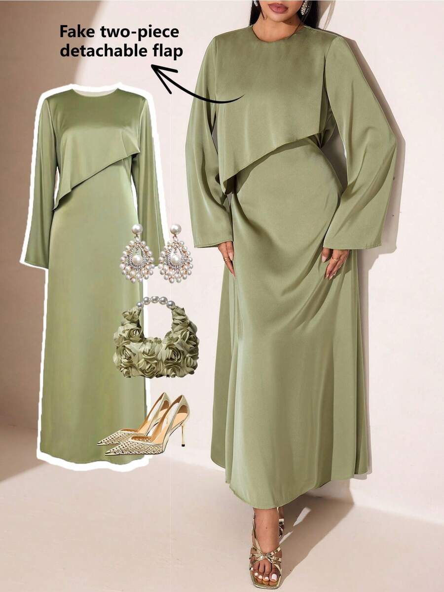 Veilorie Women's Solid Color Round Neck Long Sleeve Elegant Dress - Green - View 1