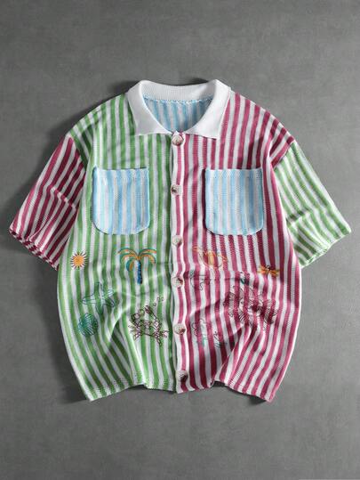 ROMWE MEN Street Life 复古美式撞色条纹刺绣针织短袖