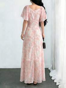 Modelyn Vestido rosa con volantes y estampado floral, vestido de estilo francés para vacaciones de verano para mujeres - Multicolor - Ver 2