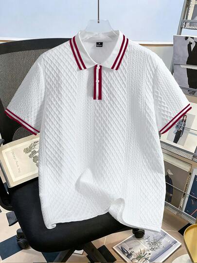 Manfinity Joysei Men's Knitted Jacquard White And Red Textured Classic Ribbed Collar 2-Button Polo Shirt Golf Summer Casual
