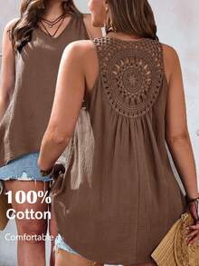 EMERY ROSE Atasan Tank Top Wanita Ukuran Besar dengan Patchwork Renda di Depan, Pendek di Belakang, dan Panjang - Coklat - View 1