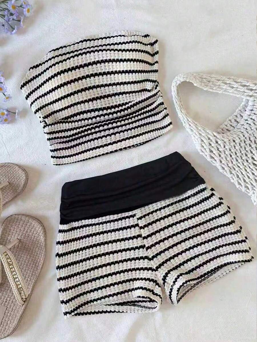 SHEIN Tween Girl Striped Bandeau Top And Shorts Casual Outfit - Black - View 1