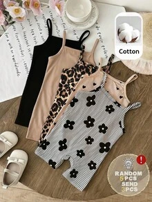SHEIN 3件套女婴豹纹和纯色连体衣套装，休闲时尚 - 彩色 - 查看 2
