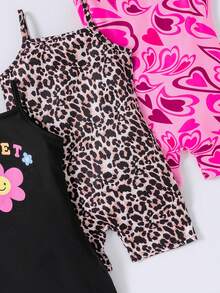 SHEIN Bộ áo liền quần 3 món cho bé gái, họa tiết trái tim kỹ thuật số, họa tiết da báo kỹ thuật số và họa tiết hoa trơn. - Nhiều màu - Xem 4