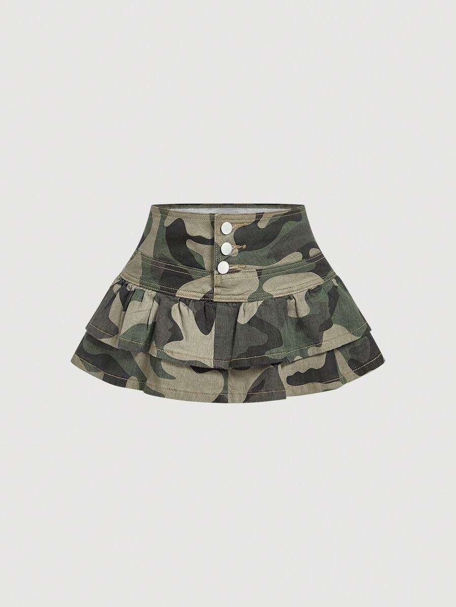 Sweetra 女士休闲迷彩印花迷你牛仔裙,夏季 - 軍綠色 - 查看 1