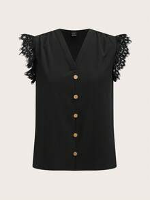 SHEIN LUNE Casual Minimalist Style Black Shirt With Lace Sleeve Decor, Versatile For Spring/Summer,Summer Top - Black - View 6