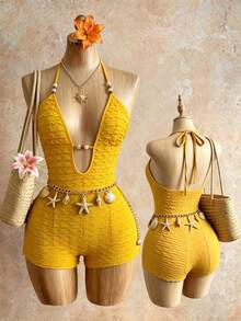 Mistrie Women's Textured Beaded Halter Neck Tie Romper Vacation Beach Yellow Summer Tropical Sexy - Yellow - View 3