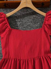 Emery Rose Kids Emery Rose Kids 少女平纹方领荷叶边休闲连衣裙 米色连衣裙 女童米色连衣裙 少女香槟色连衣裙 女童荷叶边连衣裙 - 紅色 - 查看 4