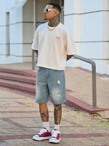 Devon Thys Quần short denim xanh bạc màu kiểu vintage dành cho nam, quần short ôm dáng thời trang rách rưới cho mùa hè. - Rửa trung bình - Xem 3