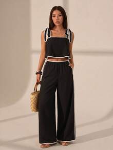SHEIN PETITE Bộ đồ nữ gồm áo hai dây và quần có túi, màu đen, thích hợp mặc mùa hè. - màu đen - Xem 4