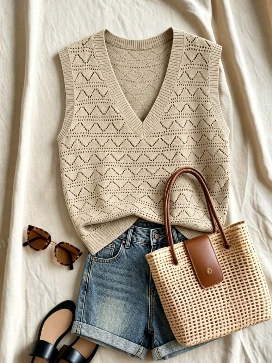 SHEIN Franclia Women's Casual Summer Back-To-School Beige Knitted Top,V-Neck Sleeveless Openwork Wool Fitted Style, Beach School Outfits,Spring Commuting Outfits - Khaki - View 1