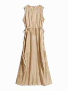 Aalyst Women's Waist Tunnel Drawstring Textured Fabric Dress, Suitable For Vacation, Afternoon Tea, Home, Commute - Yellow - View 7