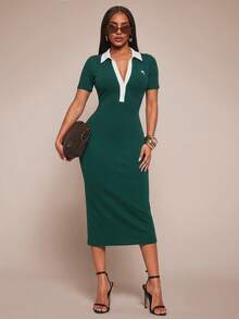 Radiana Đầm polo nữ mùa hè tối giản kiểu hiệp sĩ, cài cúc nửa vạt, cổ áo polo phối màu tương phản, thích hợp cho cả đi chơi và công sở. - màu xanh lá - Xem 2
