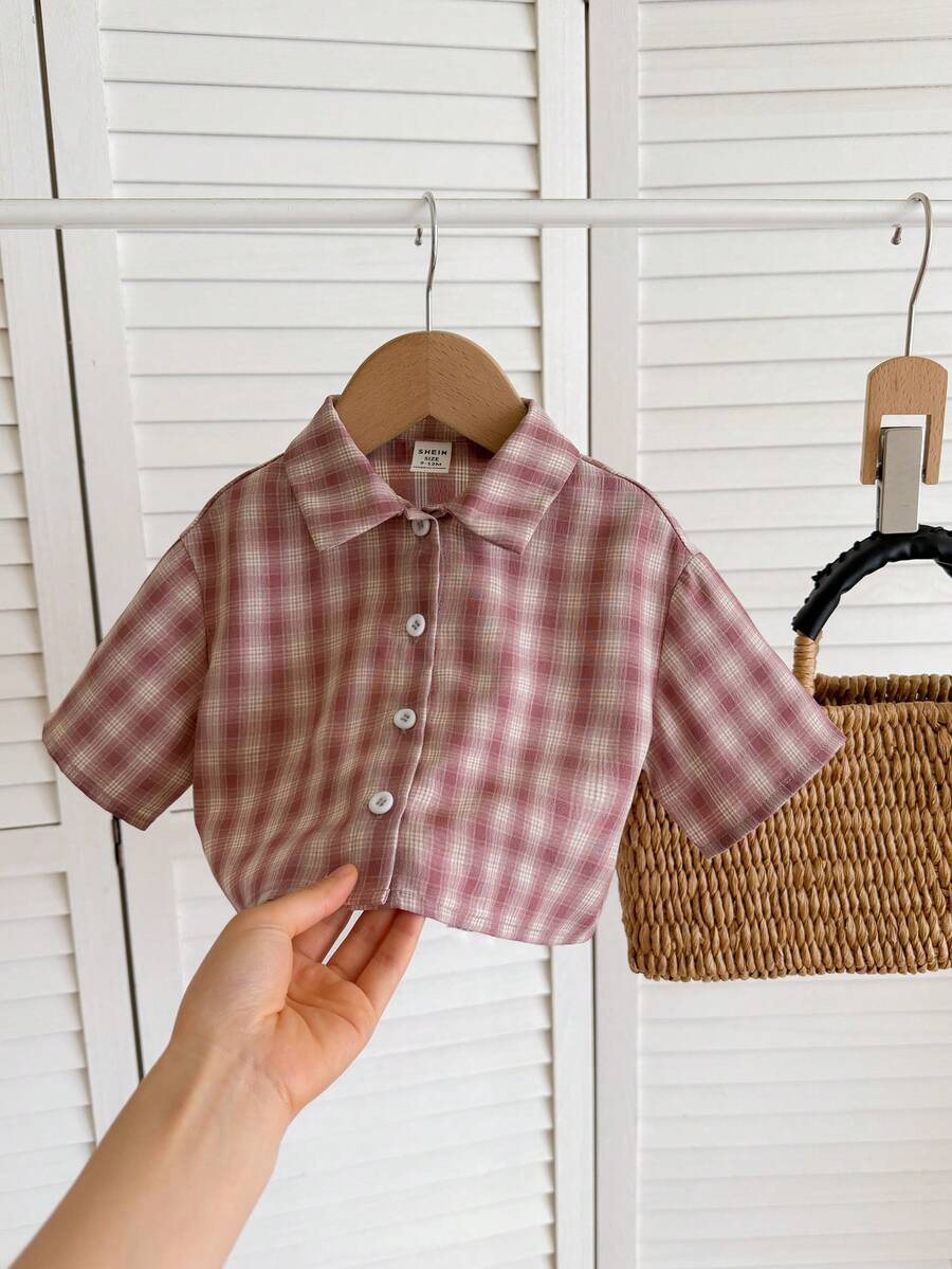 SHEIN 女婴休闲百搭可爱格子宽松短袖衬衫 - 粉色 - 查看 1