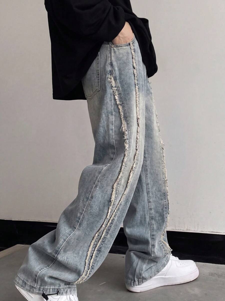 Coolqubz Boys' Distressed Patchwork Jeans, Vintage Washed Soft Cotton Loose Fit Wide Leg Jeans, Suitable For Casual Wear, Outings And School - Blue - View 1