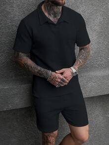 Manfinity Homme Men's Textured Loose Fit Short Sleeve Casual Polo Shirt Set - Black - View 5