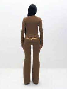 BABYPHAT Long Sleeve Zip-Up Top With Script Logo And Cat Icon Front Print - Chocolate Brown - View 6