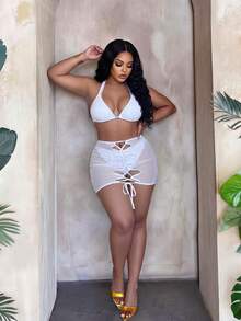 SHEIN Swim Curve Set Baju Renang Ukuran Besar Minimalis Desain Asimetris Musim Panas Baru 2026 untuk Pantai - Putih - View 4