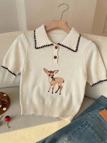 CovetEZ Áo thun dệt kim tay ngắn cổ polo phối màu tương phản họa tiết hươu rừng mùa hè mới, thích hợp cho mùa xuân/hè, đi làm hàng ngày, hẹn hò, dự tiệc, Giáng sinh, Năm mới, Lễ Tạ ơn, Tiệc tùng, Đám cưới, Bãi biển, Lễ tốt nghiệp, Thời trang, Thanh lịch, Thường ngày, Đi chơi, Hẹn hò, Đặt chỗ, Đi làm, Lấp lánh, Ngày Valentine, Sang trọng, Kỳ nghỉ, Thường ngày, Y2K, Đi chơi, Lễ tốt nghiệp - Nhiều màu - Xem 4