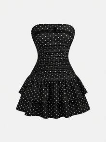 SHEIN 儿童/少女春夏法式时尚波点蕾丝荷叶边蝴蝶结设计办公室/休闲可爱甜美无肩带修身腰部层叠下摆黑色优雅连衣裙，女士连衣裙，少女短款休闲迷你连衣裙，秋冬打底衫 - 黑色 - 查看 7