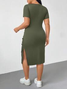 SHEIN Essnce Plus Size Women's Army Green Summer Smart Casual Everyday Short Sleeve Slit Slim Mid-Length Dress,Elastic Fashion Cuffs Comfortable Versatile Basic - Army Green - View 2