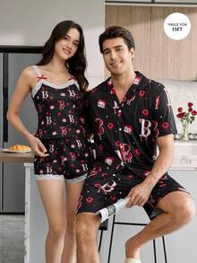 CoupledUp Betty Boop x SHEIN 卡通印花翻领短袖短裤男士睡衣套装 - 黑色 - 查看 3