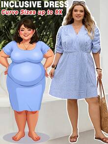 SHEIN CURVE+ Abito estivo semplice con maniche a sbuffo e scollo incrociato, disponibile nei colori blu, oro, giallo, blu e bianco. Abito estivo da donna con maniche a sbuffo. Abito da picnic. Set primaverile da donna. Abito primaverile da donna, abito estivo, abbigliamento primaverile - Blu e Bianco - Visualizzare 11